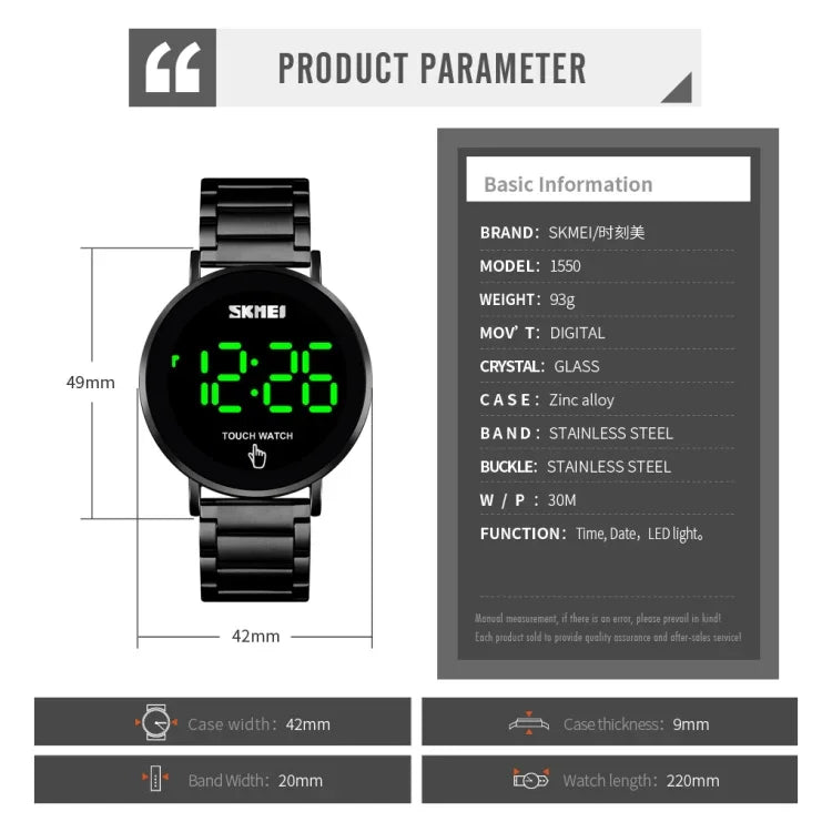 SKMEI 1550 Einfache und stilvolle LED-Touchscreen Herrenuhr Wasserdichtes Edelstahlarmband mit elektronischem Uhrwerk