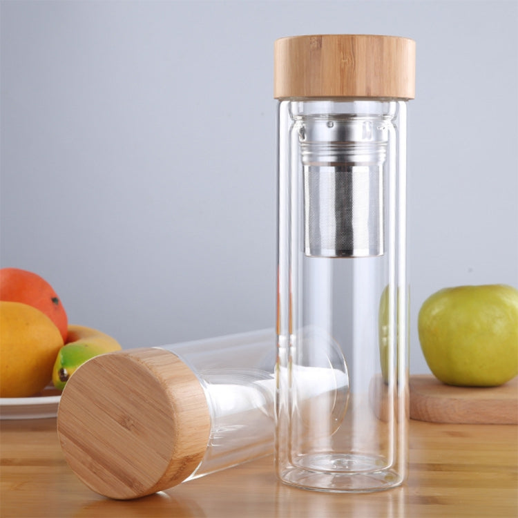 Teeflaschen aus Glas mit Sieb, Bambusdeckel, doppelwandig, kurz, tragbare Outdoor-Flasche, 350 ml, 450 ml