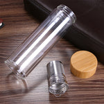Teeflaschen aus Glas mit Sieb, Bambusdeckel, doppelwandig, kurz, tragbare Outdoor-Flasche, 350 ml, 450 ml