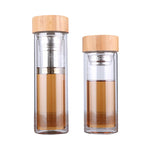 Teeflaschen aus Glas mit Sieb, Bambusdeckel, doppelwandig, kurz, tragbare Outdoor-Flasche, 350 ml, 450 ml