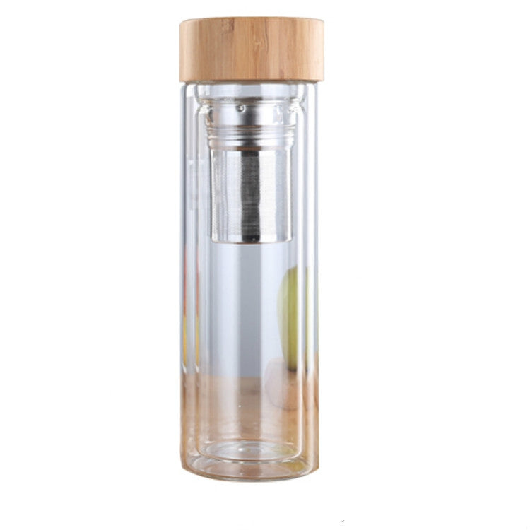 Teeflaschen aus Glas mit Sieb, Bambusdeckel, doppelwandig, kurz, tragbare Outdoor-Flasche, 350 ml, 450 ml
