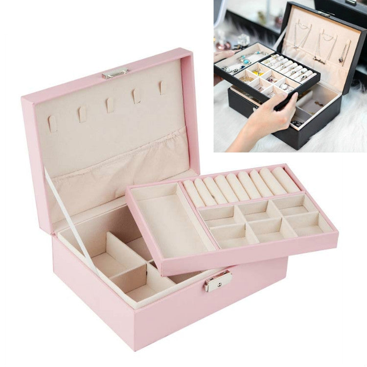Tragbare Leder Schmuck Aufbewahrungsbox Halsketten Ringe Uhren Aufbewahrungsbox, Doppelschichtig