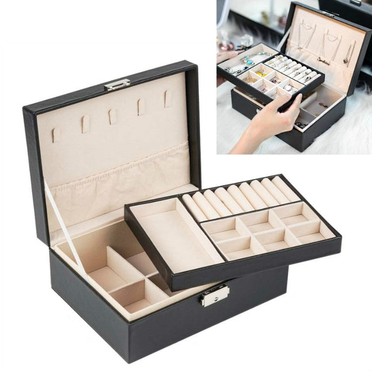 Tragbare Leder Schmuck Aufbewahrungsbox Halsketten Ringe Uhren Aufbewahrungsbox, Doppelschichtig