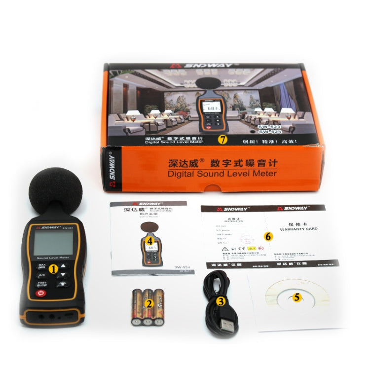 SNDWAY Handheld hochpräzises Geräusch-Dekibel-Messgerät, SW523, SW524 (Speicher+USB-Kommunikation)