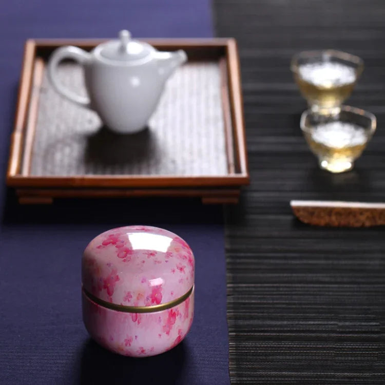 HOOMIN Teedose Teeglas Aufbewahrungsbehälter Teedosen Matcha Behälter Mini Kaffeepulver Organizer Dosen Multifunktions Rund Metall, Kirschfarbe, Moshan Blüte