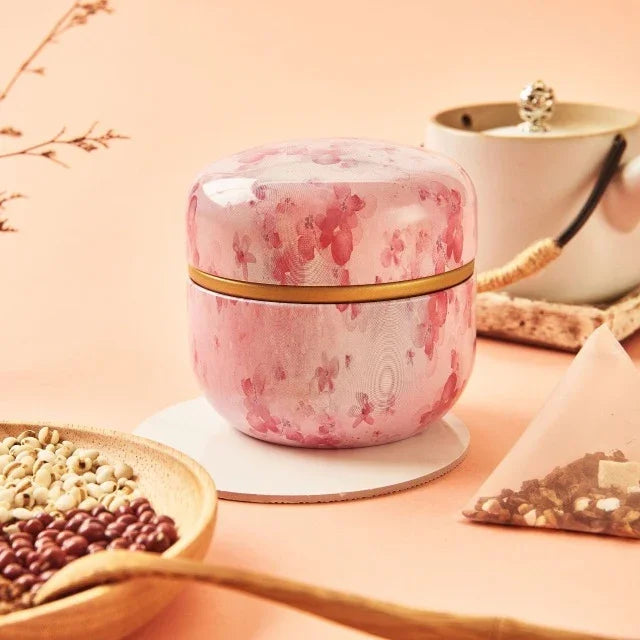 HOOMIN Teedose Teeglas Aufbewahrungsbehälter Teedosen Matcha Behälter Mini Kaffeepulver Organizer Dosen Multifunktions Rund Metall, Kirschfarbe, Moshan Blüte
