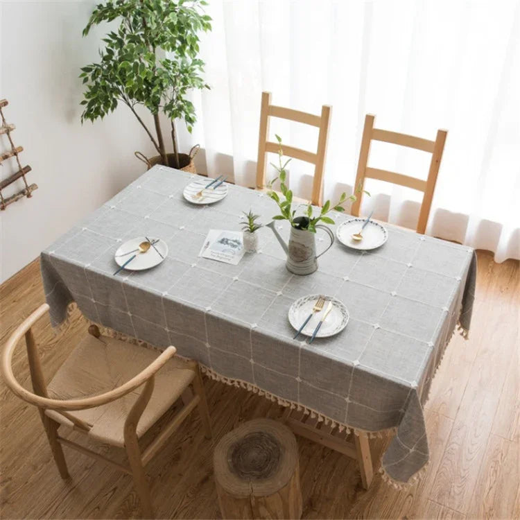 Quadratisches Gitter bestickte Tischdecke, reine Baumwolle Leinen Quaste Rechteckiger Couchtischmatte, 140x220cm, 140x240cm, 140x260cm, 140x300cm