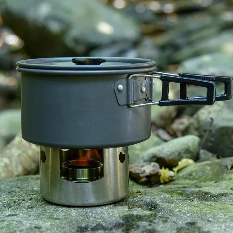 Outdoor Picknickkocher Edelstahl Tragbarer Mini-Spirituskocher mit Deckel
