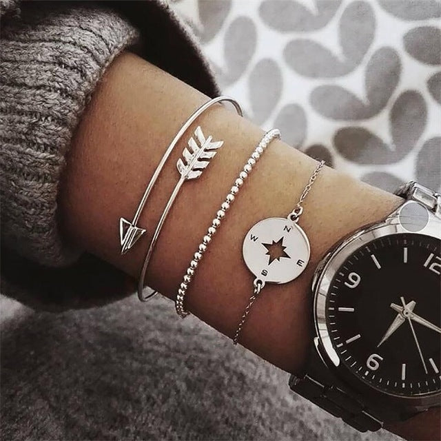 3er Set Silber Boho Hohle Pfeil Kompass Perlenkette für Damen