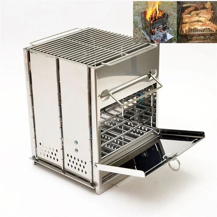 Tragbarer klappbarer Edelstahl-Holzkohlegrill Outdoor-Camping-Holzofen, 21x21x27cm