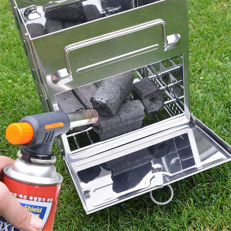 Tragbarer klappbarer Edelstahl-Holzkohlegrill Outdoor-Camping-Holzofen, 21x21x27cm