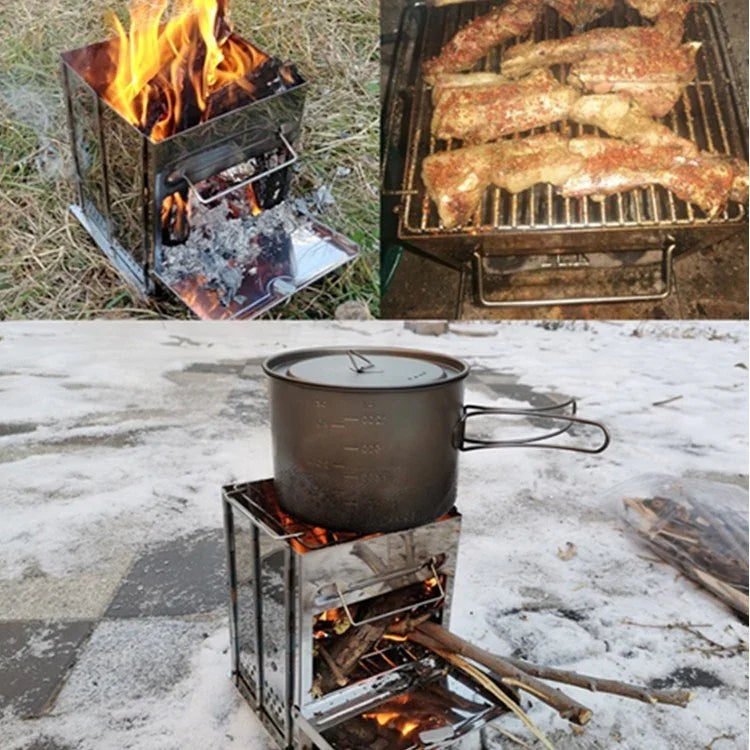 Tragbarer klappbarer Edelstahl-Holzkohlegrill Outdoor-Camping-Holzofen, 21x21x27cm