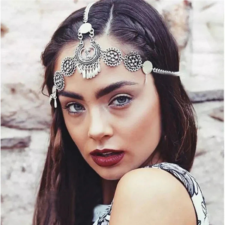 Silbernes Vintage-Quasten-Haarband mit Metallmünze, langes Punk-Haarband, Stirnschmuck