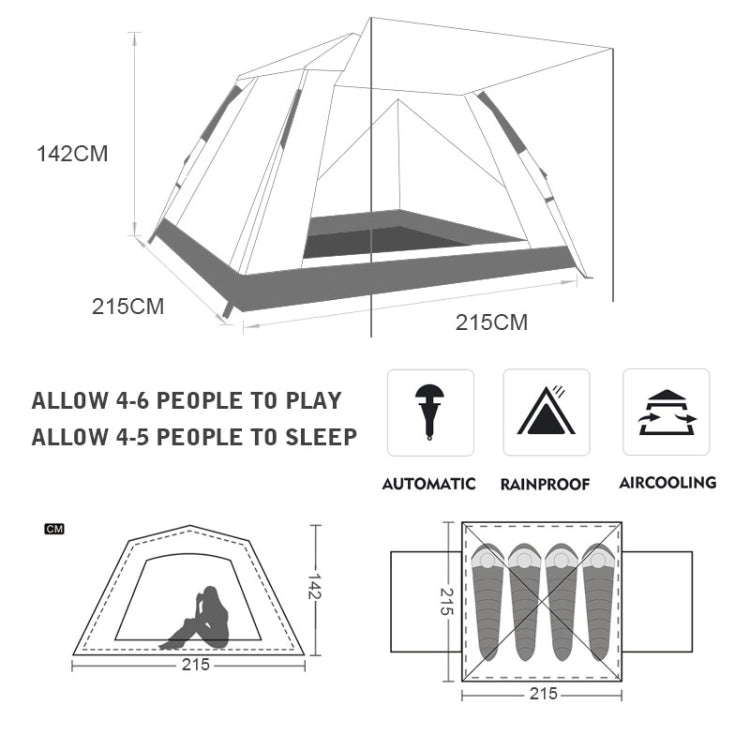 Outdoor 3-4 Personen Strand Verdickung Regendicht Automatisches Schnellaufbau Vierzelt Campingzelt, Automatisches Vinyl, Verbessertes Großes Vinyl