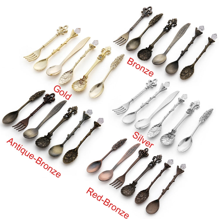 6tlg./Set Vintage Mini Kaffeelöffel Anzug Royal Stil Metall Geschnitzter Kaffee Obst Besteck Dessert Besteck Küchenwerkzeuge, Gold, Rotbronze, Antikbronze (mit roter Gabel), Antikbronze (mit Antikgabel), Silber