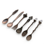 6tlg./Set Vintage Mini Kaffeelöffel Anzug Royal Stil Metall Geschnitzter Kaffee Obst Besteck Dessert Besteck Küchenwerkzeuge, Gold, Rotbronze, Antikbronze (mit roter Gabel), Antikbronze (mit Antikgabel), Silber