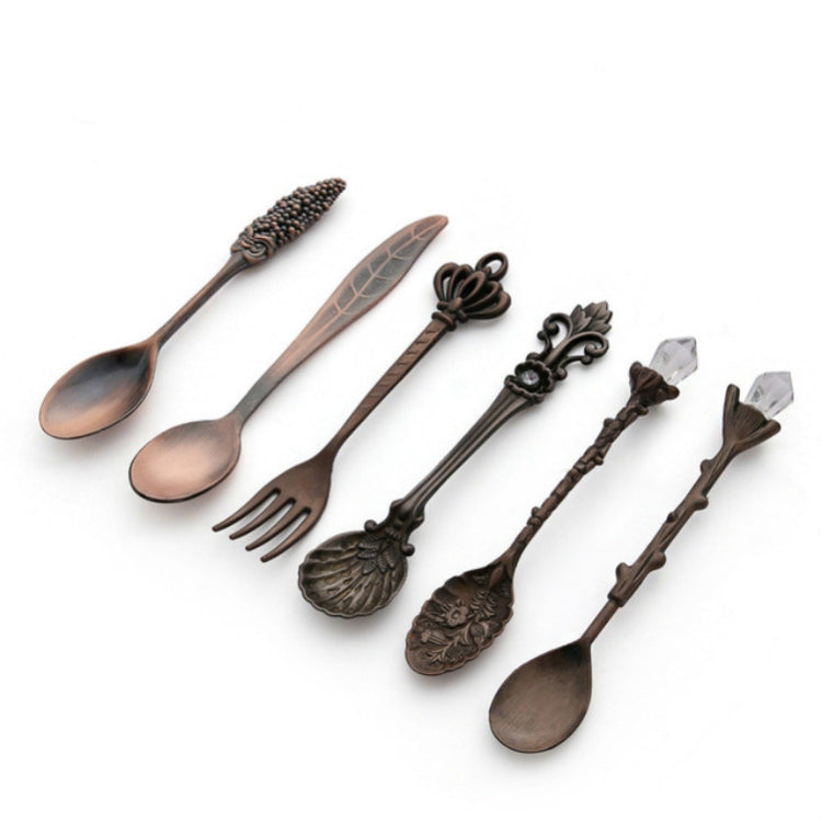 6tlg./Set Vintage Mini Kaffeelöffel Anzug Royal Stil Metall Geschnitzter Kaffee Obst Besteck Dessert Besteck Küchenwerkzeuge, Gold, Rotbronze, Antikbronze (mit roter Gabel), Antikbronze (mit Antikgabel), Silber
