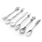 6tlg./Set Vintage Mini Kaffeelöffel Anzug Royal Stil Metall Geschnitzter Kaffee Obst Besteck Dessert Besteck Küchenwerkzeuge, Gold, Rotbronze, Antikbronze (mit roter Gabel), Antikbronze (mit Antikgabel), Silber