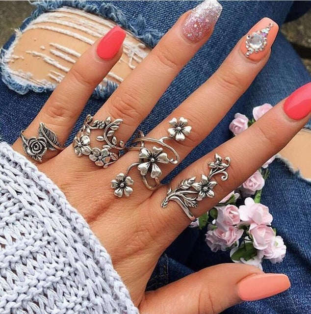 4er-Set Antike Vintage Boho Stil Rosenblumenringe für Damen