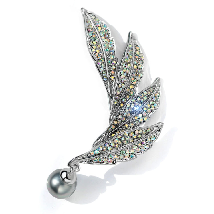 Vintage Style Colorful Crystal Pearl Feather Brooch Sliver Pins Brooches, Colorful Crystal
