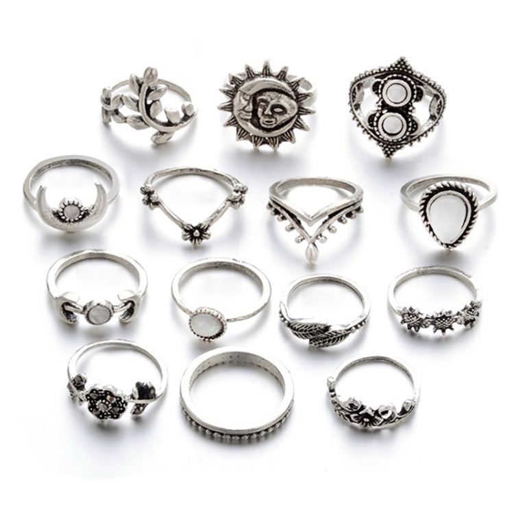 14 STK/Set Punk Vintage Hohl Geschnitzte Diamant Tropfen Blumen Mond Ring Set