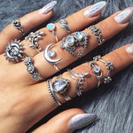 14 STK/Set Punk Vintage Hohl Geschnitzte Diamant Tropfen Blumen Mond Ring Set