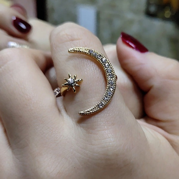 Damen Mondstern Ringe Kristallringe Stapelbarer Schmuck, Gelbgold, Roségold, Silber