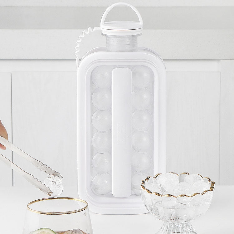 2-in-1 Runde Eiswürfelform, tragbare Eiskugelbereiter-Flasche mit Deckel, Weiß, 17 Gitter