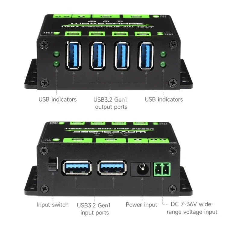 Waveshare 23929 USB HUB, erweitert 4 x USB 3.2 Ports, umschaltbare Dual-Hosts, Mehrfachschutz, 23929