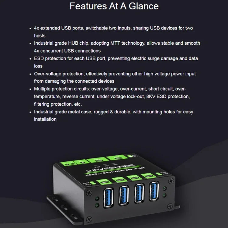 Waveshare 23929 USB HUB, erweitert 4 x USB 3.2 Ports, umschaltbare Dual-Hosts, Mehrfachschutz, 23929