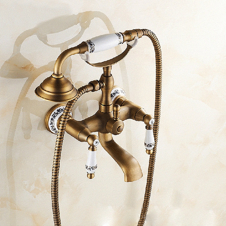 Antike Messing Wandmontierter Badewannenhahn, Doppelkeramikgriffe, Telefonstil Handbrause, Telefonbrause Blau-Weiß, Telefonbrause + Fester Halter, Telefonbrause + Blau-Weiß Fester Halter