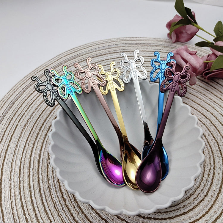 Mehrfarbiger Schmetterlings-Kaffeelöffel aus Edelstahl, für Obst, kalte Getränke, Eiscreme, Dessert-Teelöffel, Silber, Gold, Roségold, Regenbogen, Schwarz, Lila