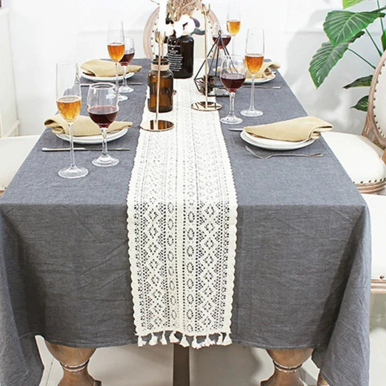 Tassel Lace Floral Romance Retro Häkel-Tischläufer aus Baumwollmischung, 24x160cm, 24x180cm, 24x200cm, 24x220cm, 24x240cm, 24x140cm