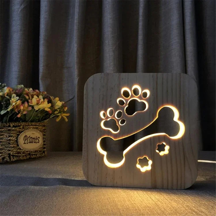 Kreative Form Holz-Nachtlampe Schlafzimmer-Dekoration Warmweißes LED-Licht, Knochen, Katzenpfote, Hund, Wolf