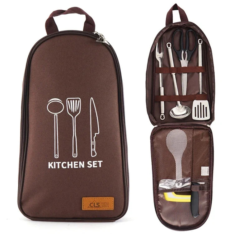 CLS 7-in-1 Outdoor-Kochgeschirr-Set aus Edelstahl 201 Picknick-Geschirr Tragbare Handtasche Picknick-Tasche, 7-in-1 Kaffee, 7-in-1 Dreiecksmuster