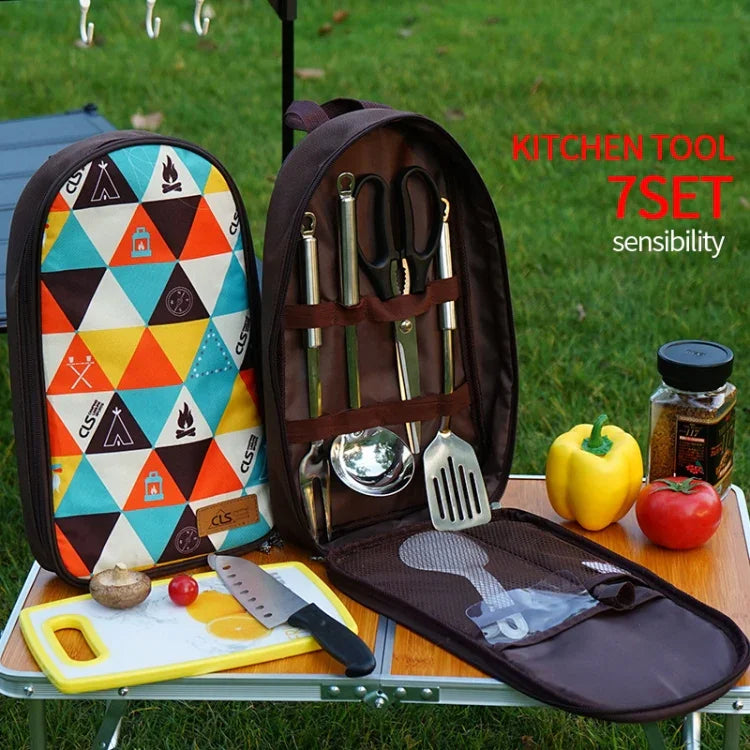 CLS 7-in-1 Outdoor-Kochgeschirr-Set aus Edelstahl 201 Picknick-Geschirr Tragbare Handtasche Picknick-Tasche, 7-in-1 Kaffee, 7-in-1 Dreiecksmuster