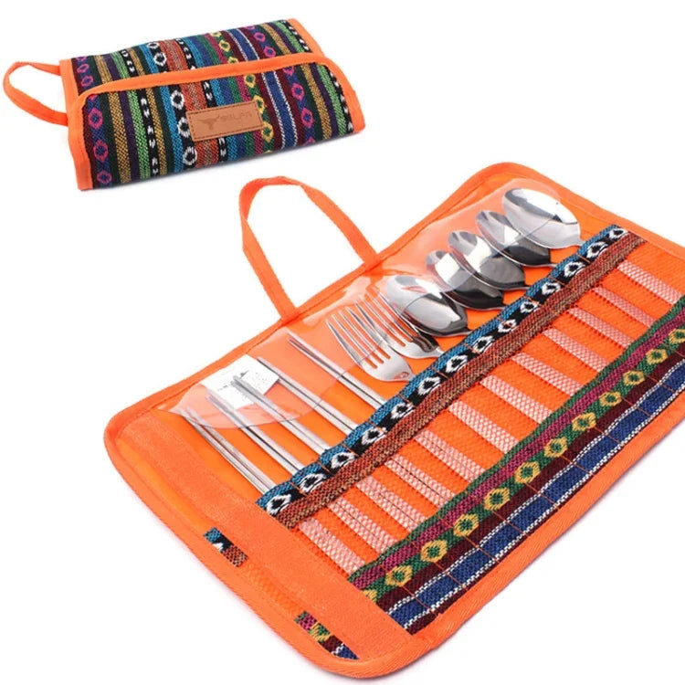 Outdoor Geschirr 12-teiliges Set Camping tragbare Edelstahl-Essstäbchen Messer Gabel Löffel Zubehör Picknicktasche