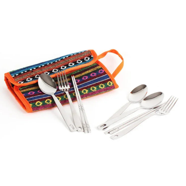 Outdoor Geschirr 12-teiliges Set Camping tragbare Edelstahl-Essstäbchen Messer Gabel Löffel Zubehör Picknicktasche