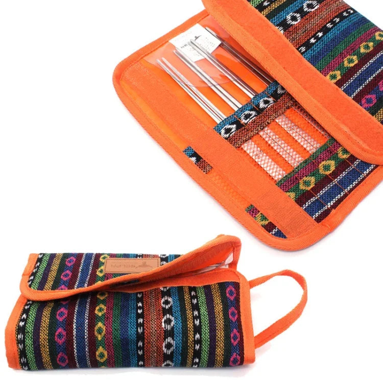 Outdoor Geschirr 12-teiliges Set Camping tragbare Edelstahl-Essstäbchen Messer Gabel Löffel Zubehör Picknicktasche