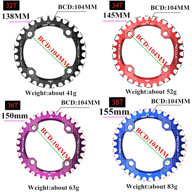 MOTSUV Rundes schmales breites Kettenblatt MTB Fahrrad 104BCD Zahnplatte Teile, Scheibe 32T, Scheibe 34T, Scheibe 36T, Scheibe 38T, elliptische Platte 32T, elliptische Platte 34T, elliptische Platte 36T, elliptische Platte 38T