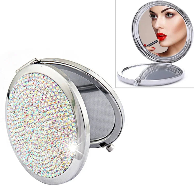 Diamantbesetzter, doppelseitig faltbarer Mini-Schminkspiegel aus Metall, tragbar, rund, in Weiß, Rot, Rosa, Himmelblau, Grün, Schwarz