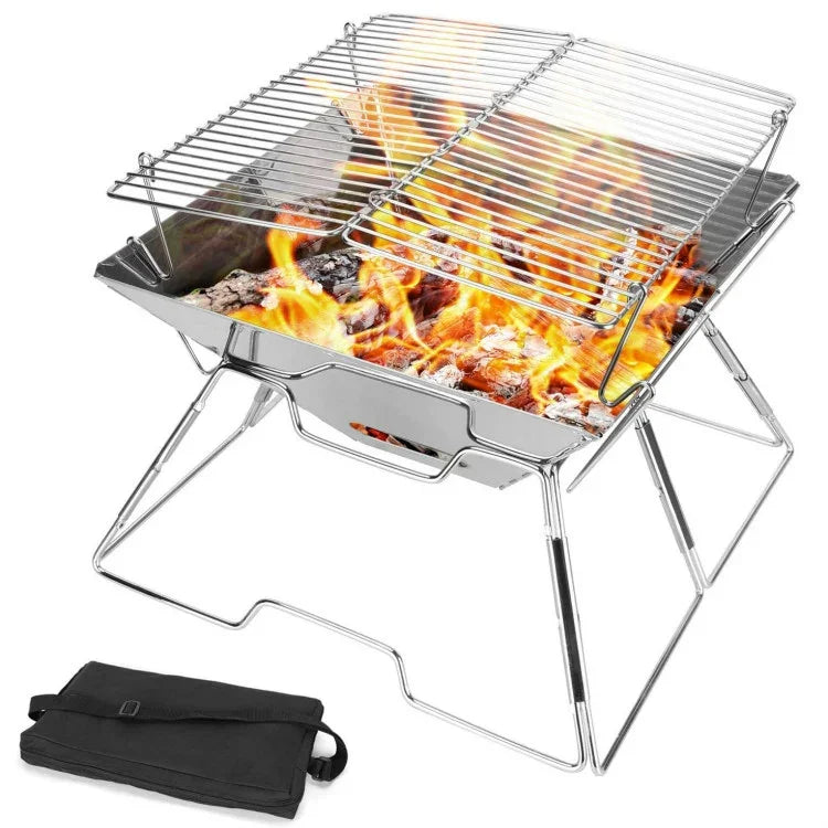 Höhenverstellbarer Camping-Grill aus Edelstahl, faltbarer Holzkohlegrill, 31x31x21cm