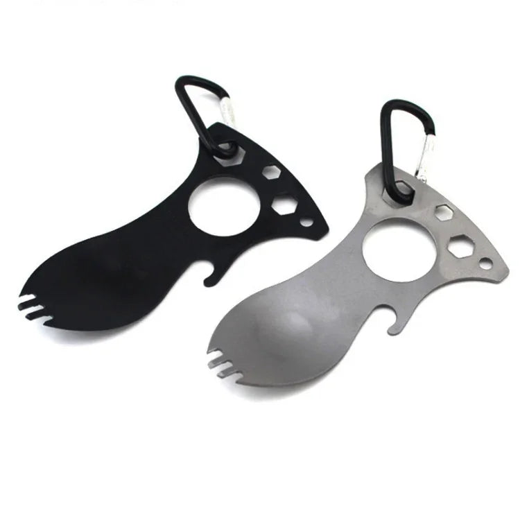 Outdoor Multifunktionaler Campinglöffel Edelstahl Besteck Tragbares Picknick-Besteck Gabel und Löffel, Hellgrau, Schwarz