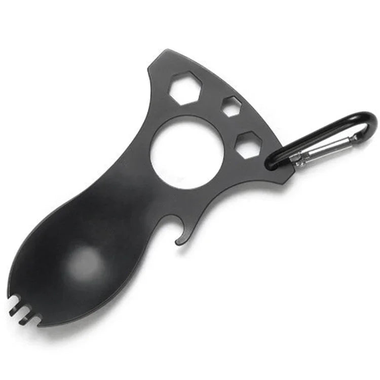 Outdoor Multifunktionaler Campinglöffel Edelstahl Besteck Tragbares Picknick-Besteck Gabel und Löffel, Hellgrau, Schwarz