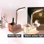 Wooden Multi-function Touch USB Pen Holder Desk Lamp Student Desktop Charging Reading Lamp Led Eye Protection Table Lamp, USB Plug-in without Battery, USB Charging Built-in Battery