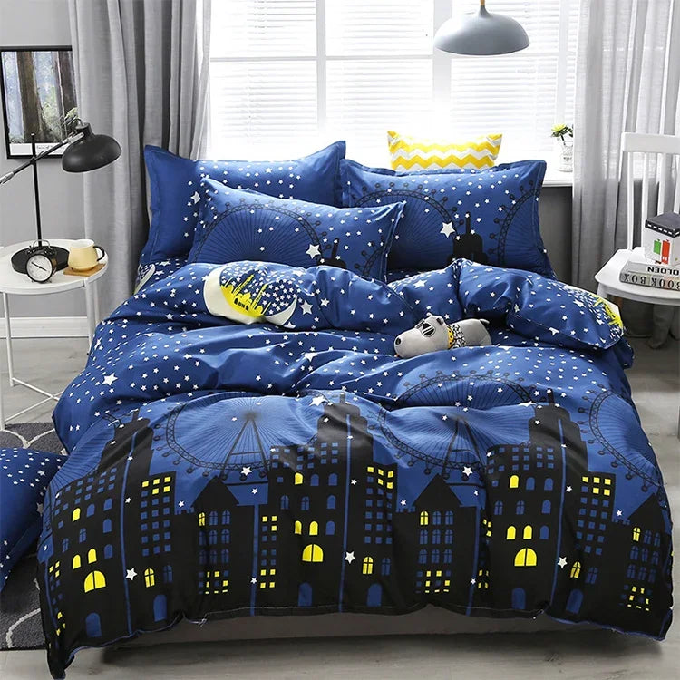 4tlg. Bettwäsche-Set mit Aufdruck, Bettlaken und Kissenbezügen, für 2,2 m Bett