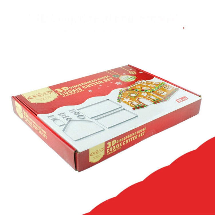 10-in-1 3D-Keksform aus Edelstahl für Weihnachten, Lebkuchenhaus-Backwerkzeuge, Lebkuchenform (10-in-1)
