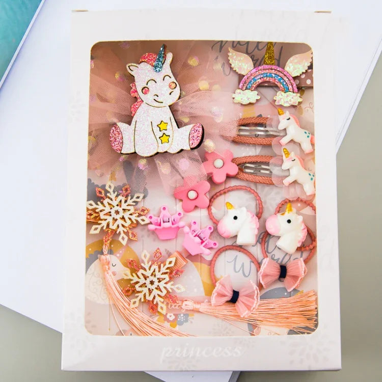 Little Girl Hair Accessories Set Gift Box Children Hairpin Combination Girl Jewelry Headdress Birthday Gift, Unicorn, Bee Models