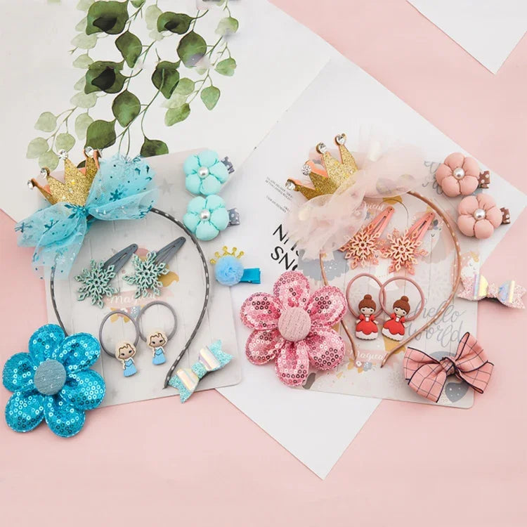 Niedliches Haaraccessoire-Set für Mädchen: Mesh-Schleife, Krone, Stirnband