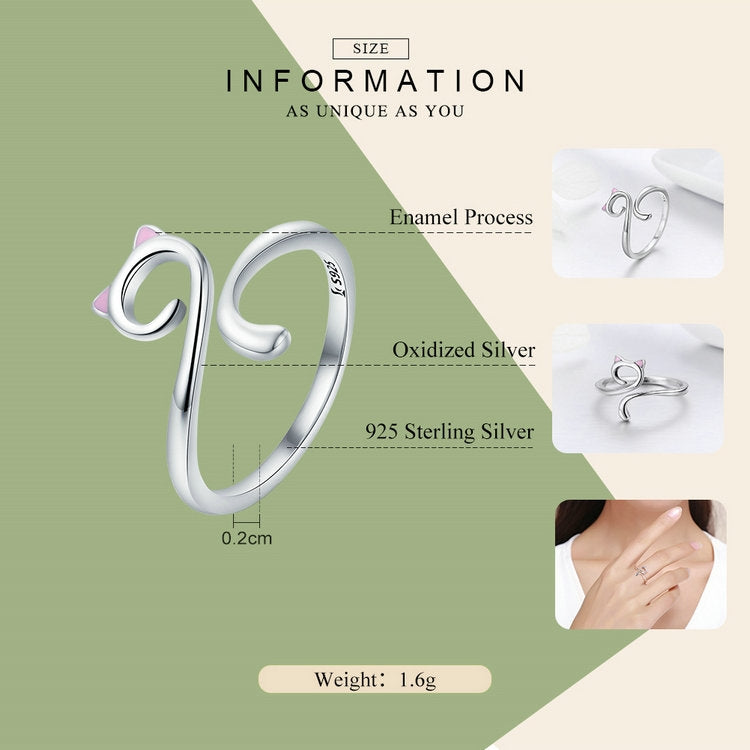 Katzen-Liebe Mädchen Ring S925 Sterlingsilber Offener Ring, SCR341